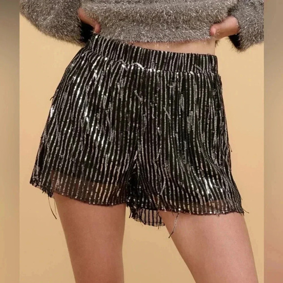 Black Striped Sequin High Waist Shorts - Picture 2 of 6